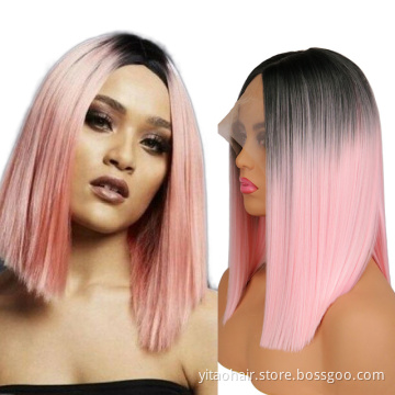 Popular Ombre Pink Bob Wig Depuy Synthes Tfnadvanced Female High Temperature Silk Chemical Fiber Lace front  colored  Bob Wig